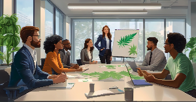 A diverse group of employees in a bright office discussing marijuana workplace policies around a conference table, with a whiteboard in the background.