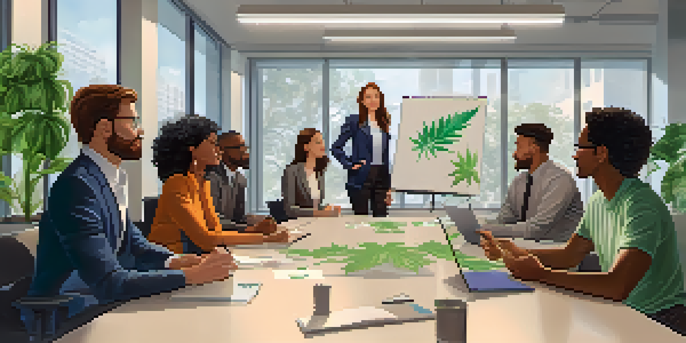 A diverse group of employees in a bright office discussing marijuana workplace policies around a conference table, with a whiteboard in the background.