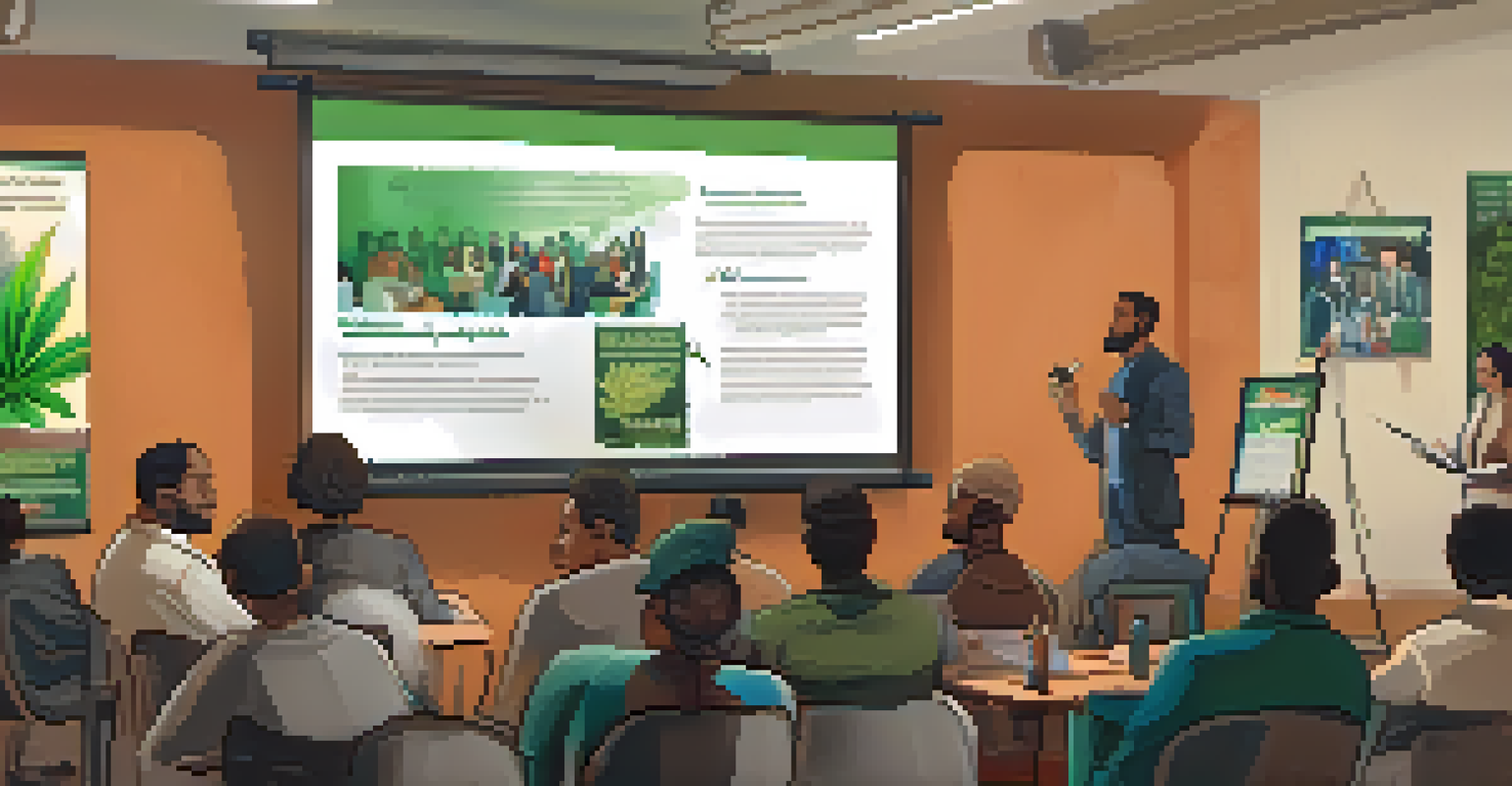 An educational workshop with diverse participants listening to a speaker, surrounded by resources about cannabis regulations.