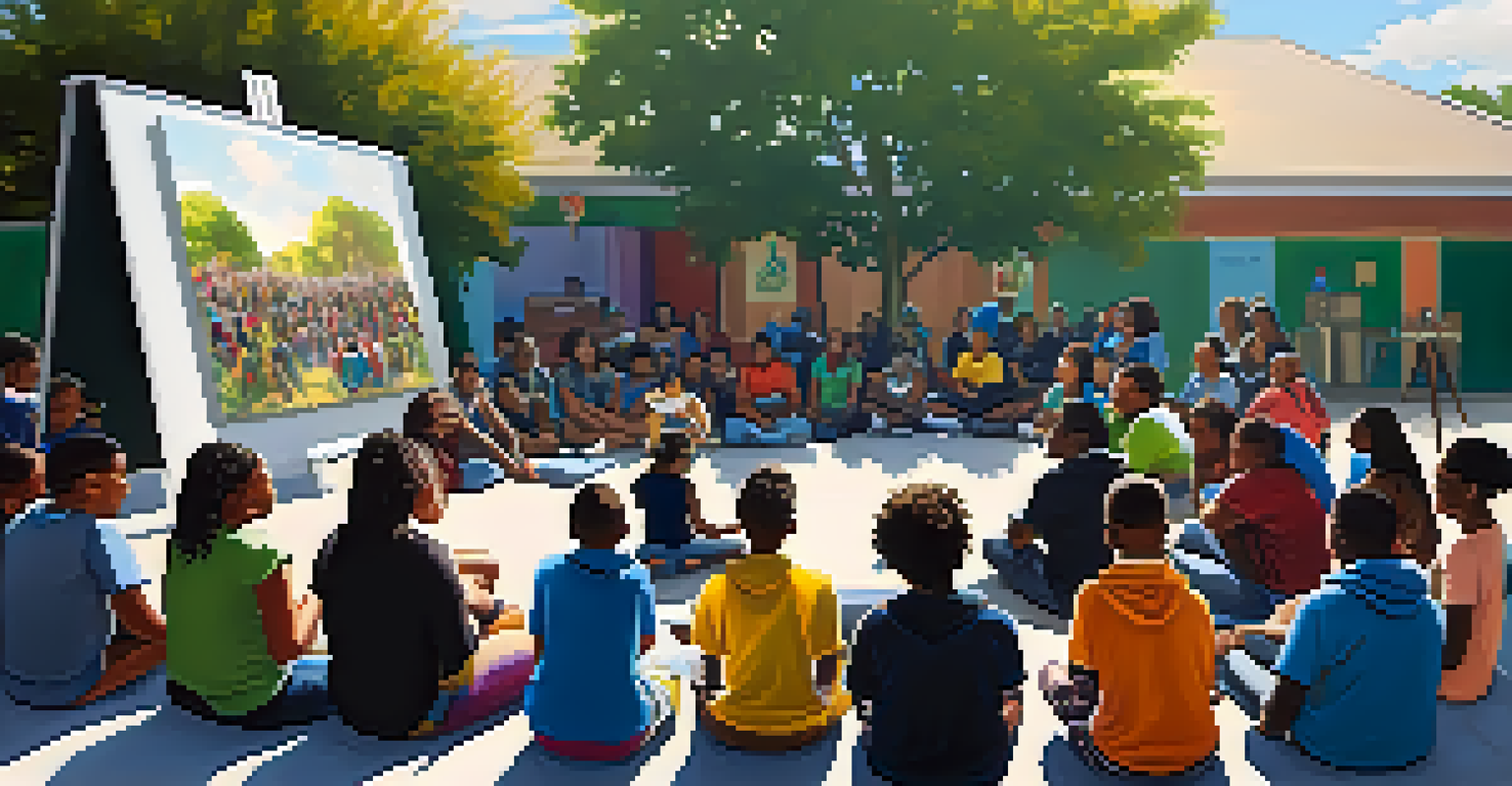 Community members attending a workshop about marijuana laws, seated in a circle with colorful murals in the background.