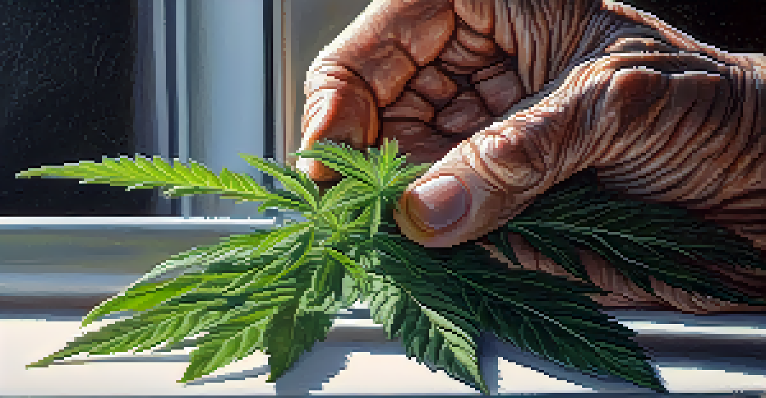Close-up of an elderly person's hands holding a cannabis plant with green leaves and buds, set against a blurred background.