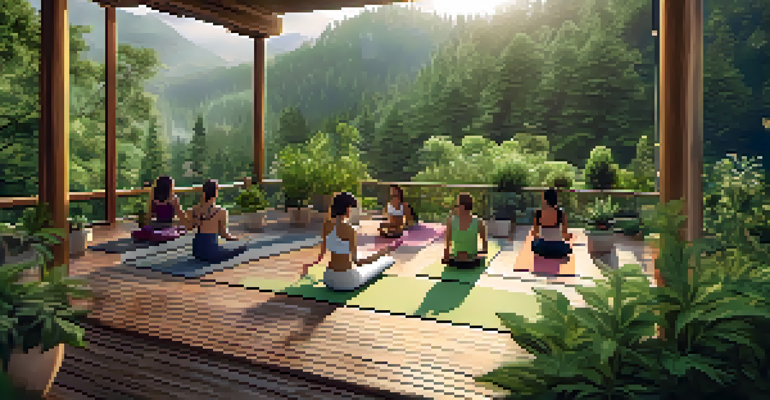 A peaceful yoga retreat where participants are practicing yoga and enjoying cannabis-infused drinks in a natural setting.