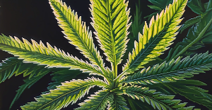 A detailed close-up of a cannabis plant with green leaves and flowers in sunlight, with a blurred background.