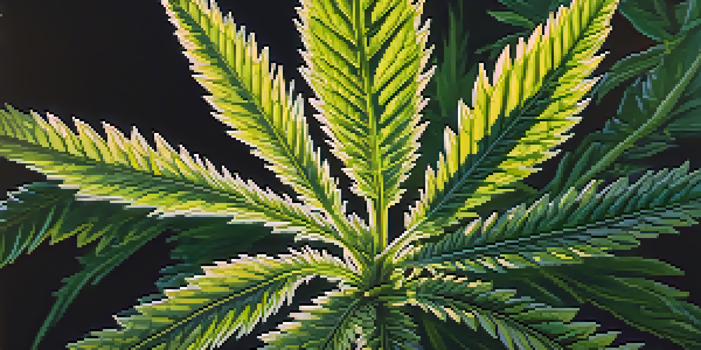 A detailed close-up of a cannabis plant with green leaves and flowers in sunlight, with a blurred background.