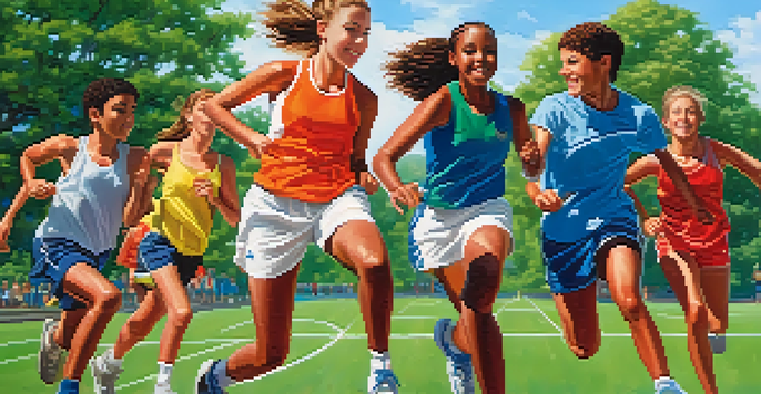 A group of diverse teenagers playing sports outdoors, surrounded by greenery and a clear sky, displaying teamwork and positive energy.