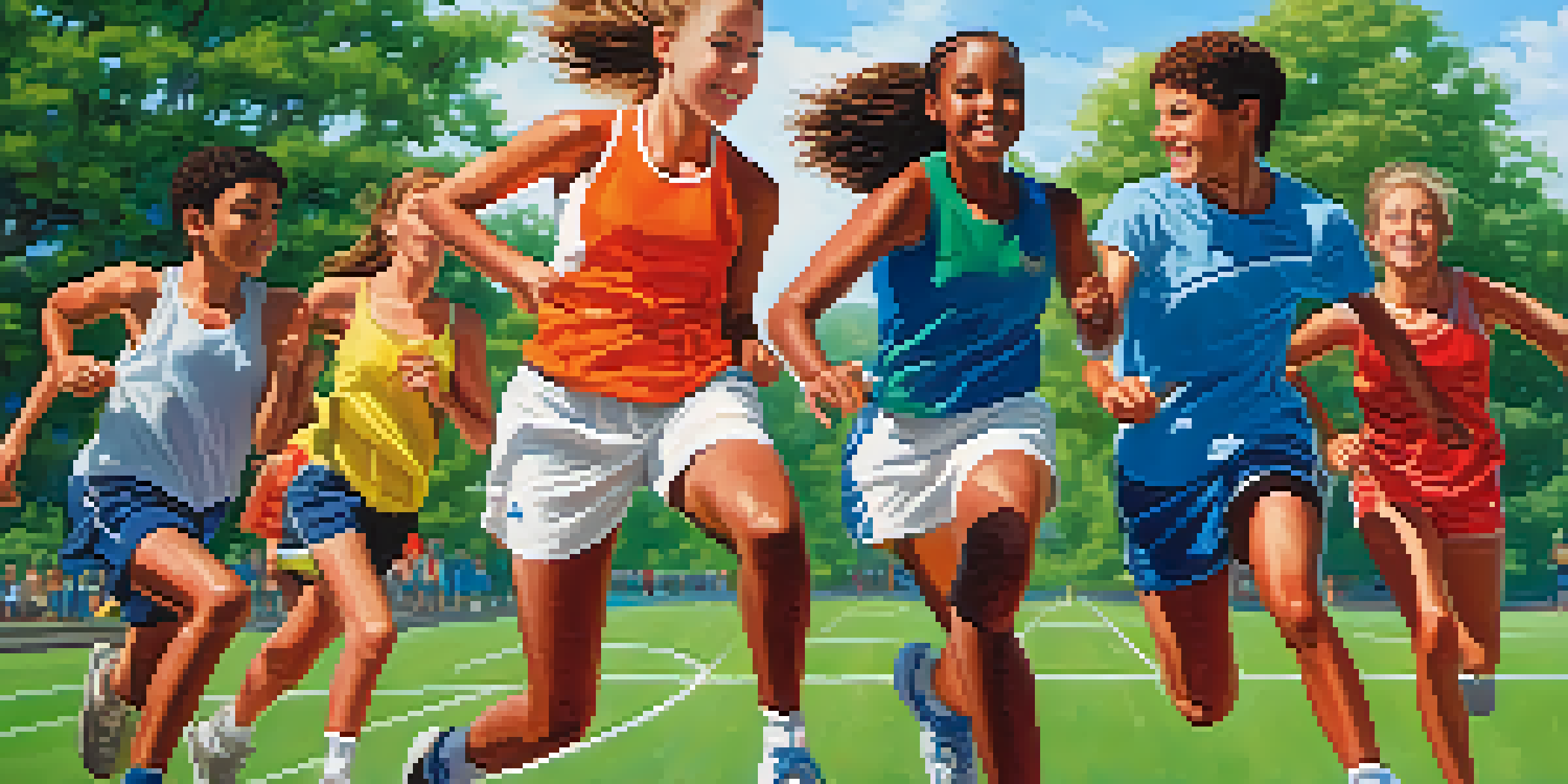 A group of diverse teenagers playing sports outdoors, surrounded by greenery and a clear sky, displaying teamwork and positive energy.