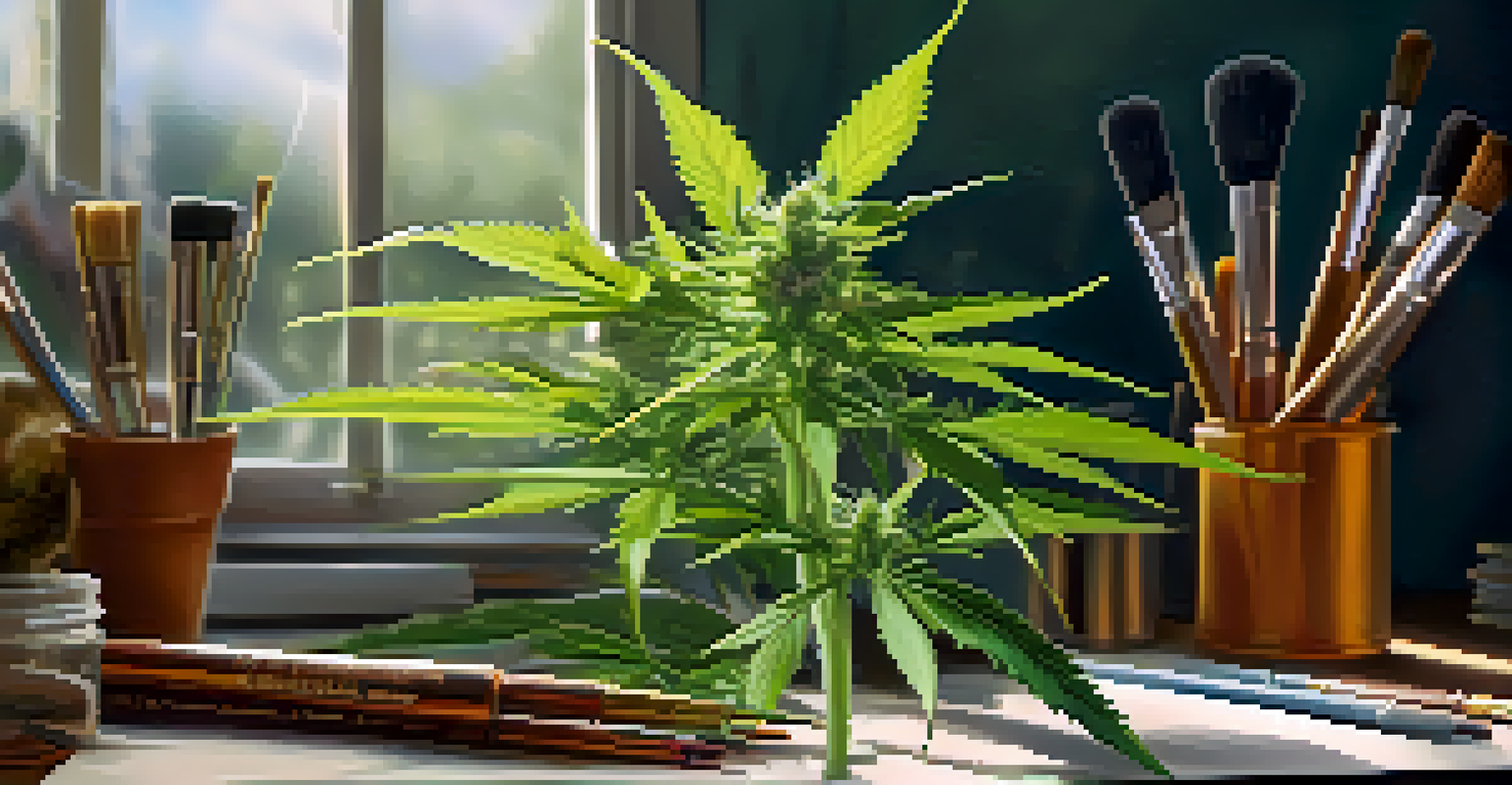 A close-up of a cannabis plant with shiny trichomes, surrounded by paintbrushes and art supplies, illustrating the link between nature and creativity.