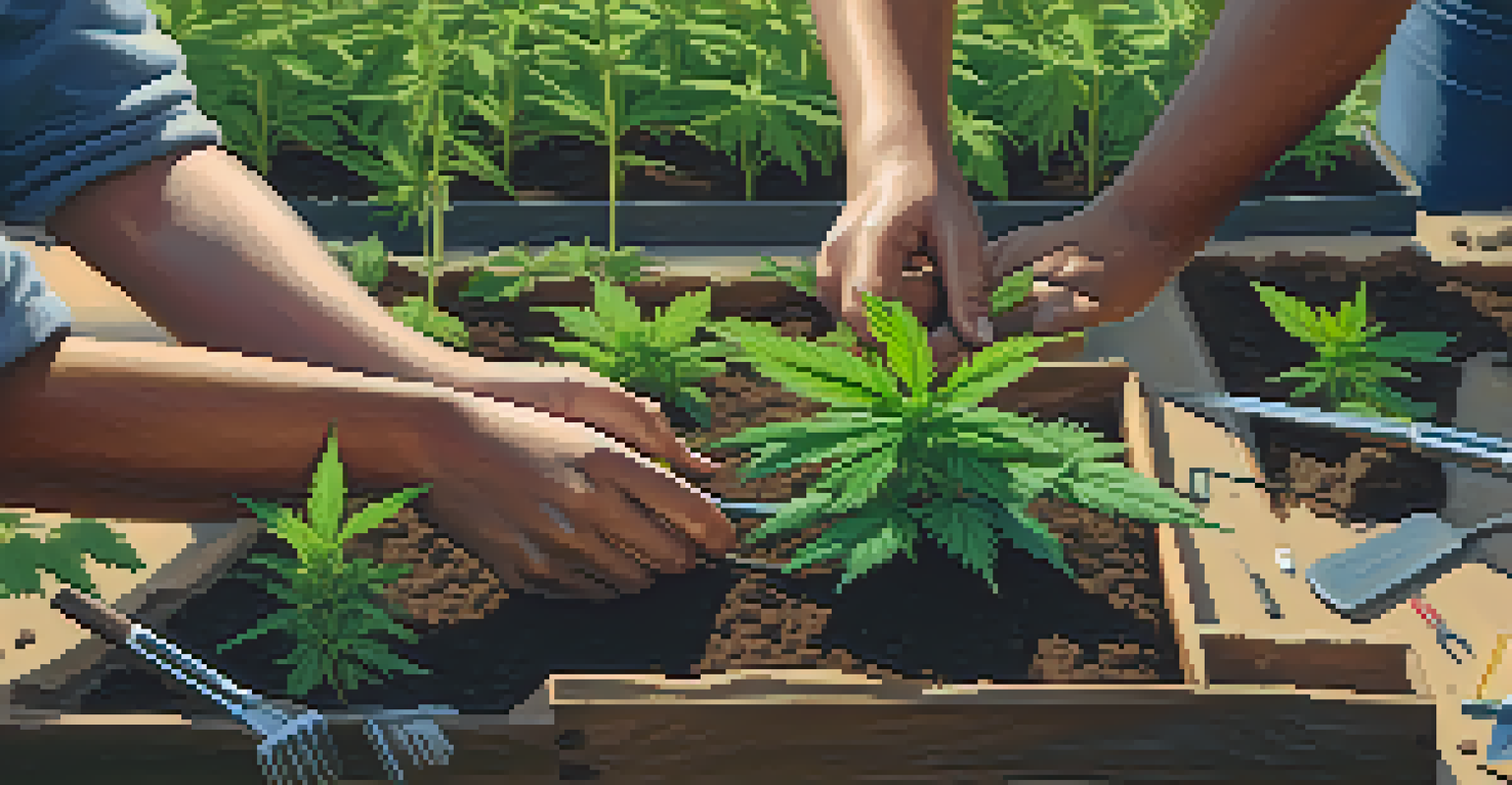 Hands planting cannabis in a community garden, with volunteers collaborating in the background during golden hour lighting.