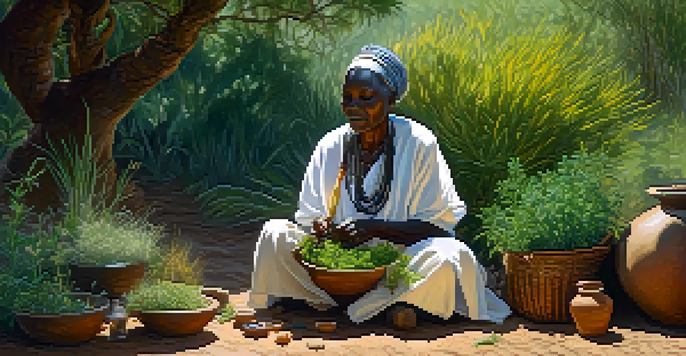 An elderly African woman healer preparing herbal remedies in a lush outdoor environment, surrounded by colorful herbs and plants.