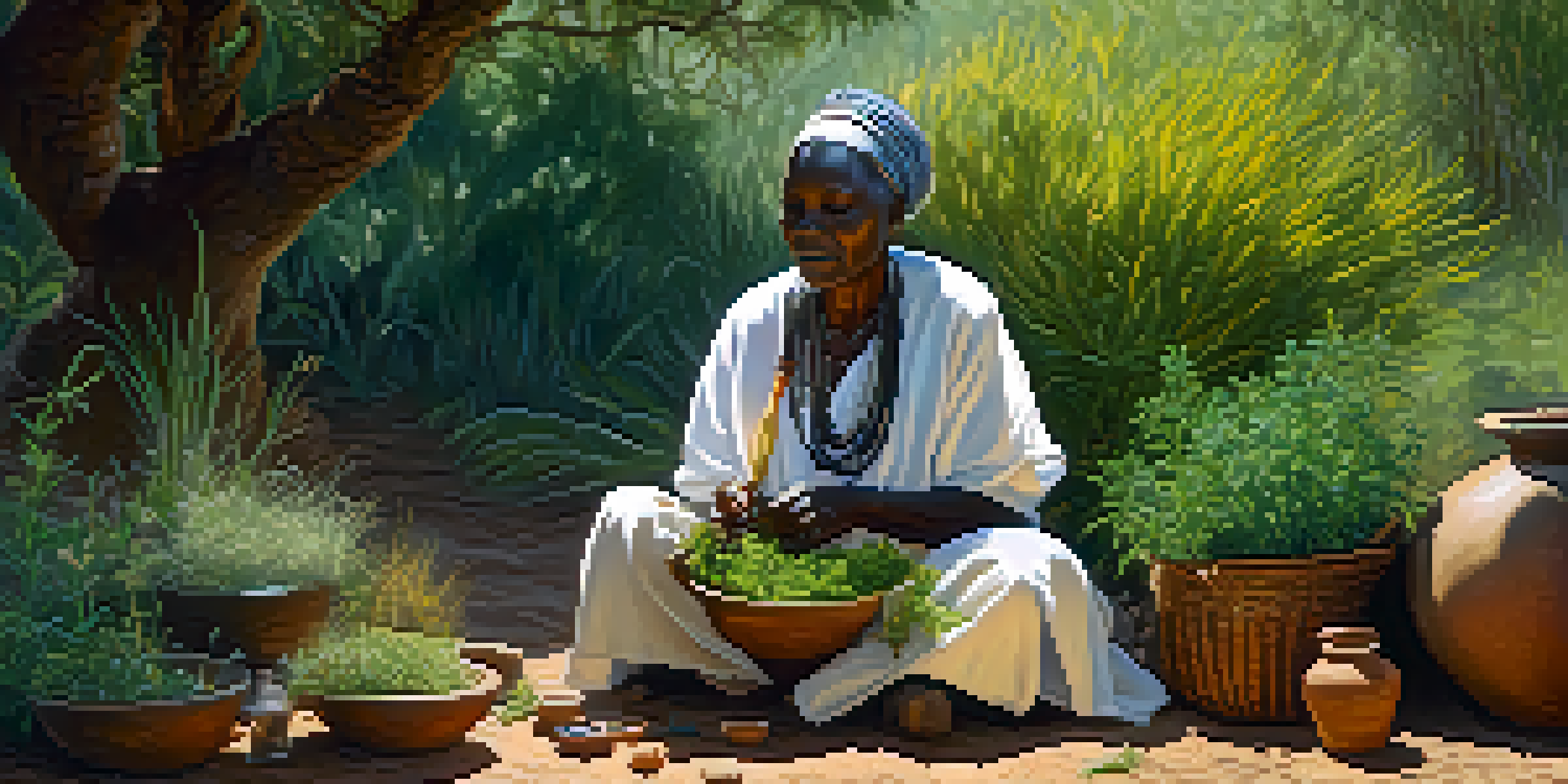 An elderly African woman healer preparing herbal remedies in a lush outdoor environment, surrounded by colorful herbs and plants.