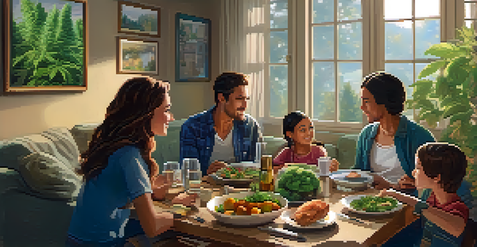 A family discussing marijuana use at a dining table, with a warm and inviting atmosphere.