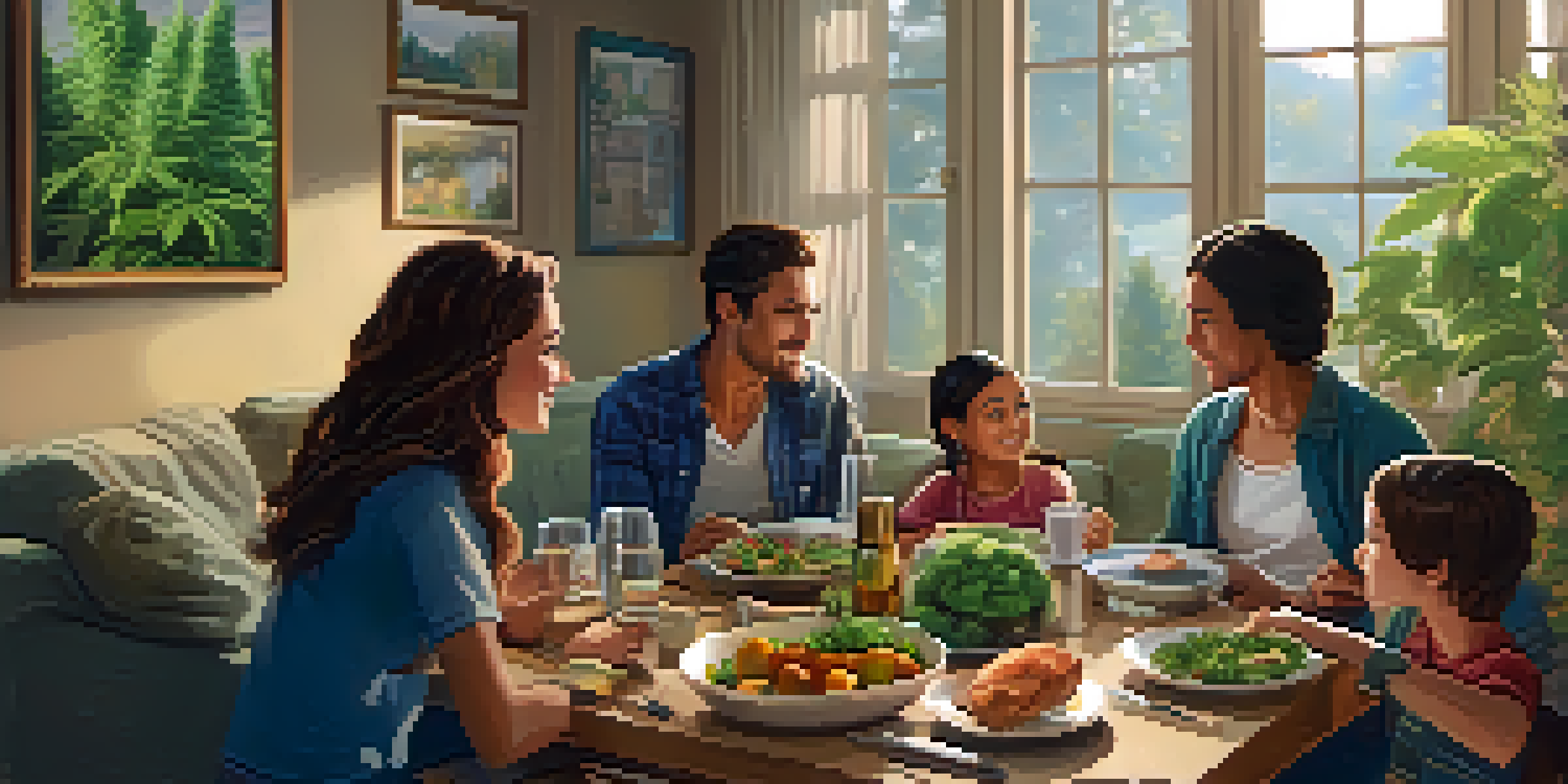A family discussing marijuana use at a dining table, with a warm and inviting atmosphere.
