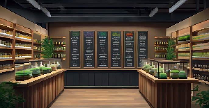 A modern cannabis dispensary with jars of cannabis strains on shelves and a budtender helping a customer.