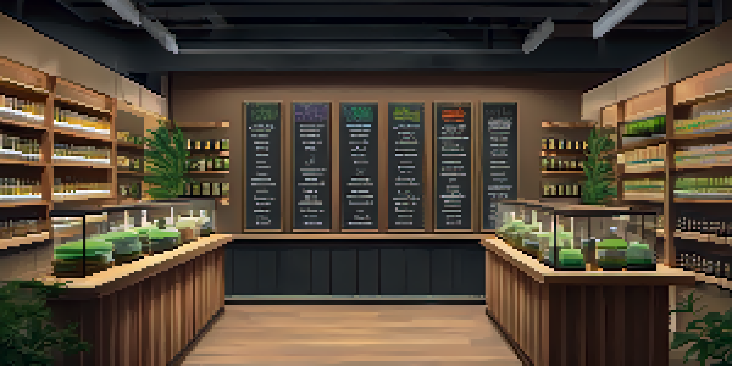 A modern cannabis dispensary with jars of cannabis strains on shelves and a budtender helping a customer.