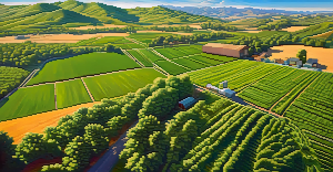 Aerial view of a rural landscape in California with green fields and cannabis plants under a blue sky, featuring mountains in the distance.