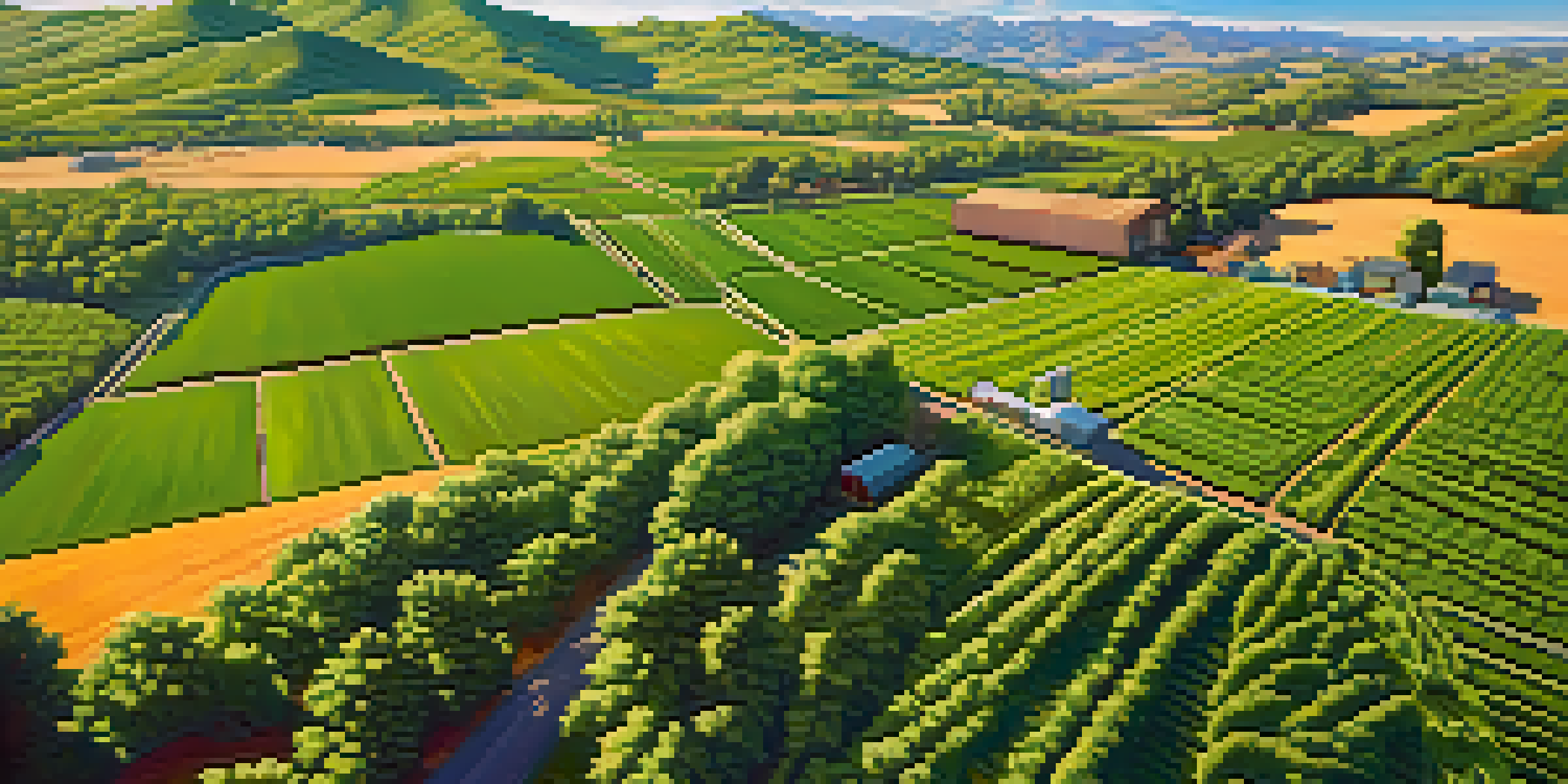 Aerial view of a rural landscape in California with green fields and cannabis plants under a blue sky, featuring mountains in the distance.