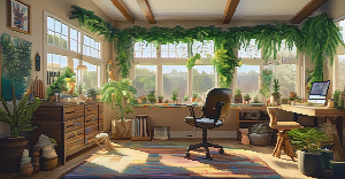 A bright and inviting crafting space adorned with cannabis-themed decorations and sunlight filtering through the window.