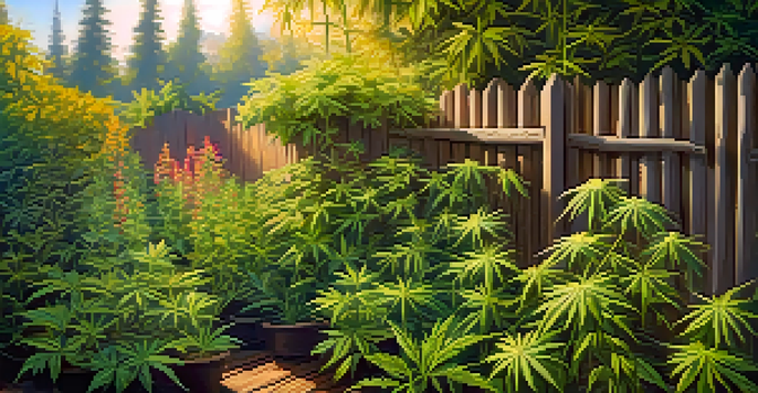 A bright cannabis garden with various green plants under sunlight, surrounded by a rustic wooden fence and colorful flowers.