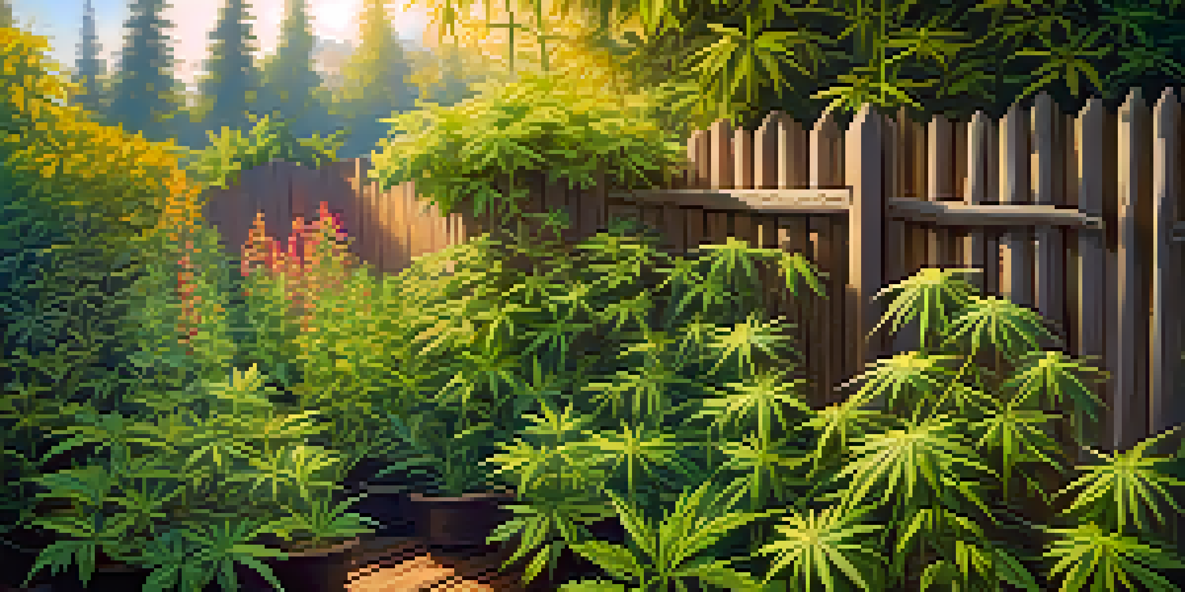 A bright cannabis garden with various green plants under sunlight, surrounded by a rustic wooden fence and colorful flowers.