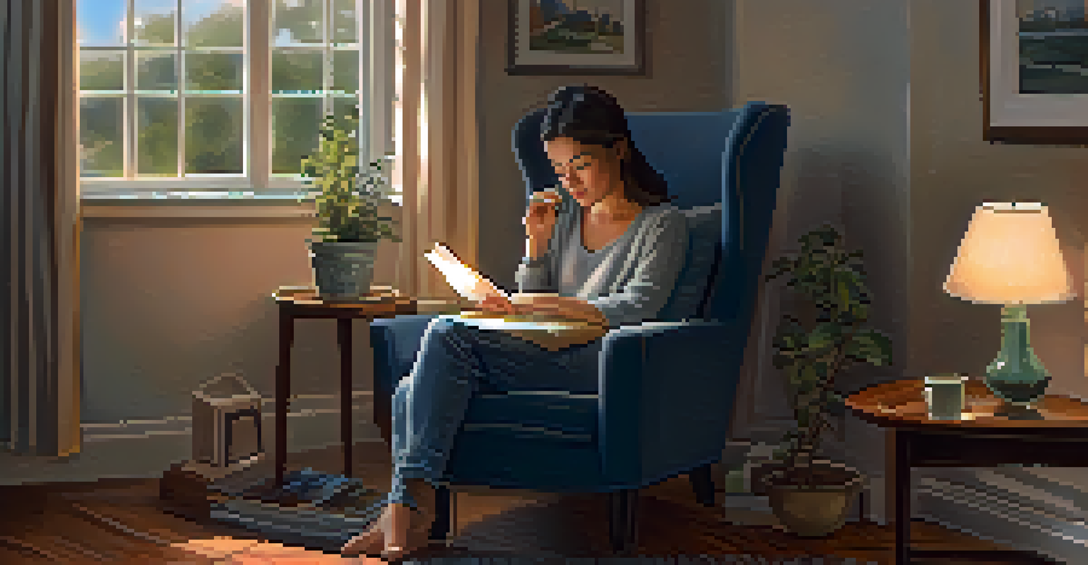 A person journaling in a cozy indoor space with soft lighting and a cup of tea, creating a warm and reflective atmosphere.
