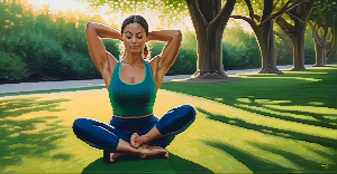 A professional athlete practicing yoga in a green park during sunset, with warm golden light and soft shadows.