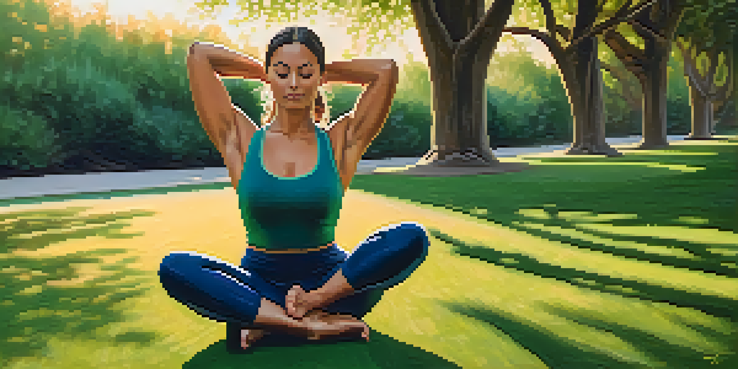 A professional athlete practicing yoga in a green park during sunset, with warm golden light and soft shadows.