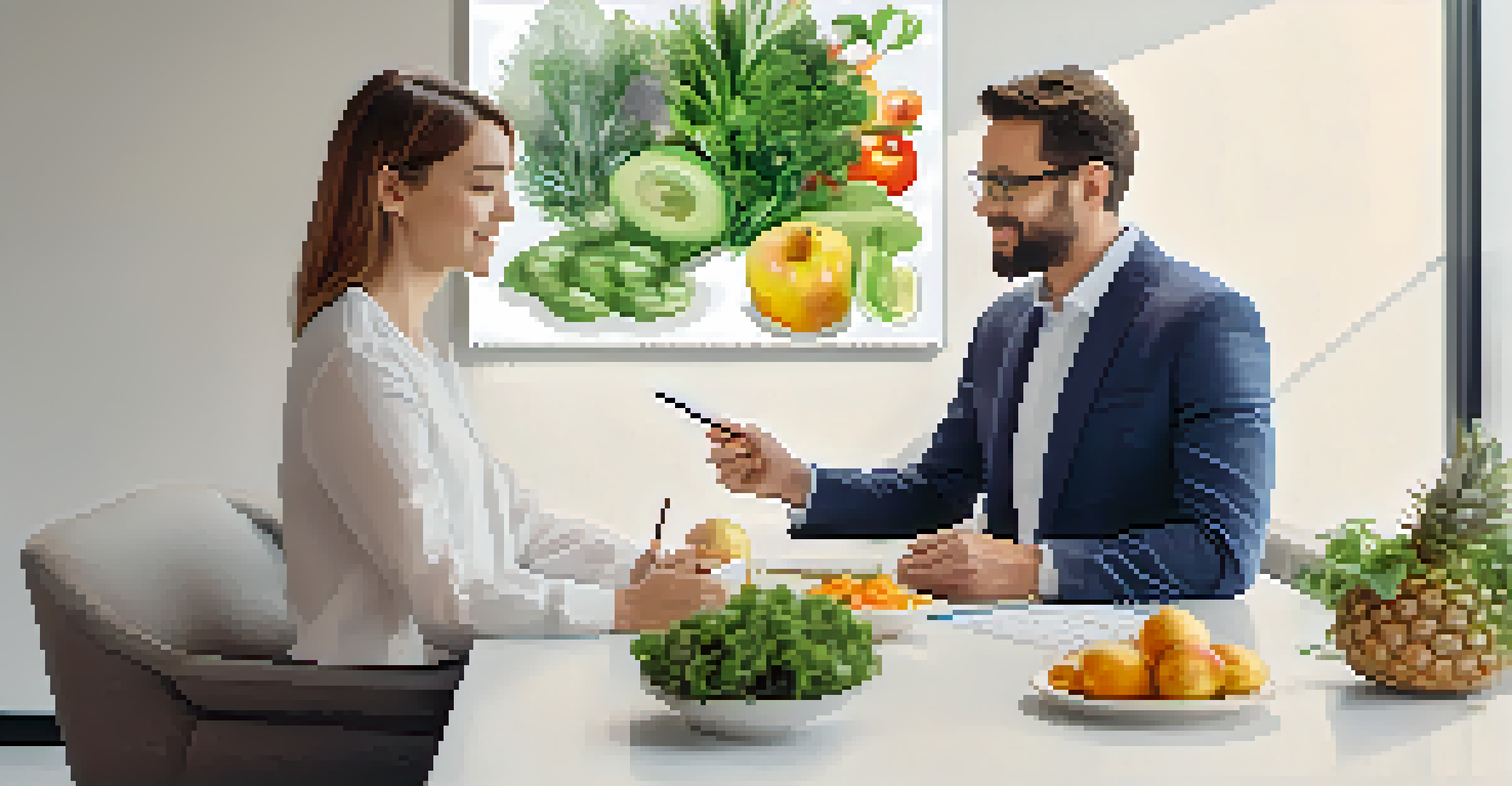 A nutritionist consulting with a client, discussing charts on nutrient-rich foods in a modern office.
