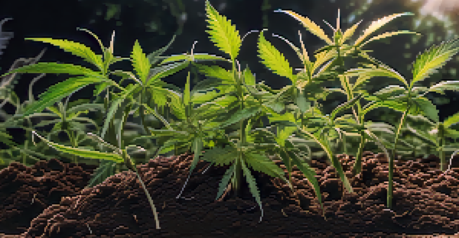 Close-up of healthy cannabis plants in dark soil, showing microbial life and sunlight filtering through the leaves.