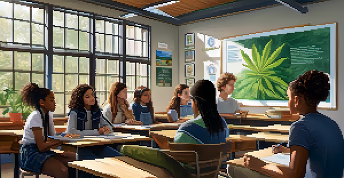 A bright classroom with diverse teenagers discussing marijuana's effects on the brain, surrounded by educational posters and sunlight.