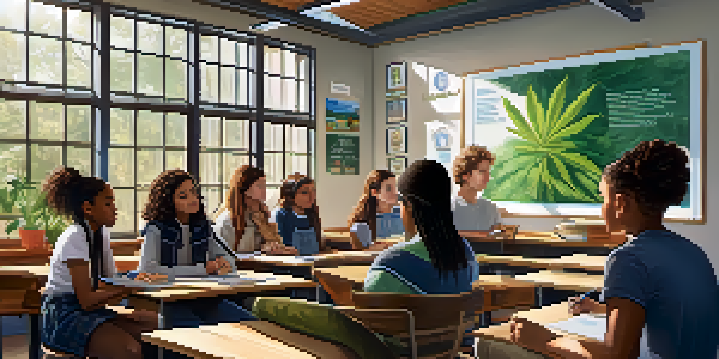 A bright classroom with diverse teenagers discussing marijuana's effects on the brain, surrounded by educational posters and sunlight.