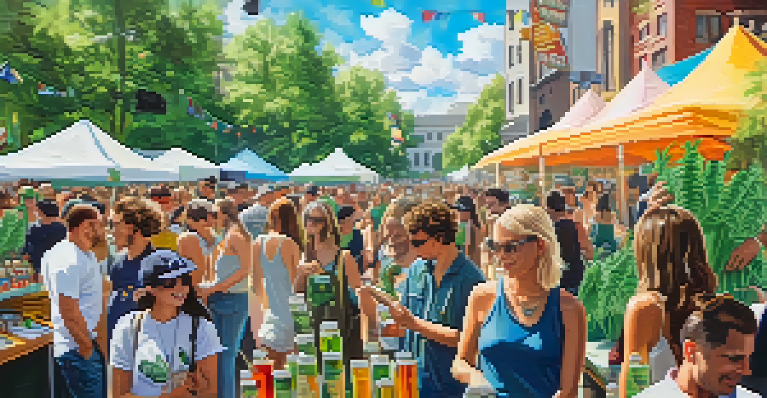 A lively outdoor cannabis festival with diverse attendees, booths showcasing products, and a sunny atmosphere filled with colorful decorations.