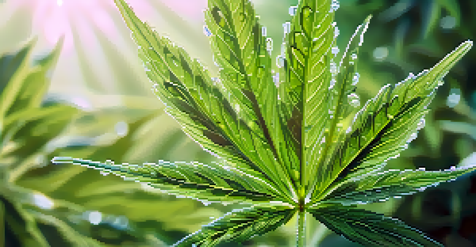 A close-up of a cannabis leaf with dew drops in morning light, highlighting its texture and natural beauty.