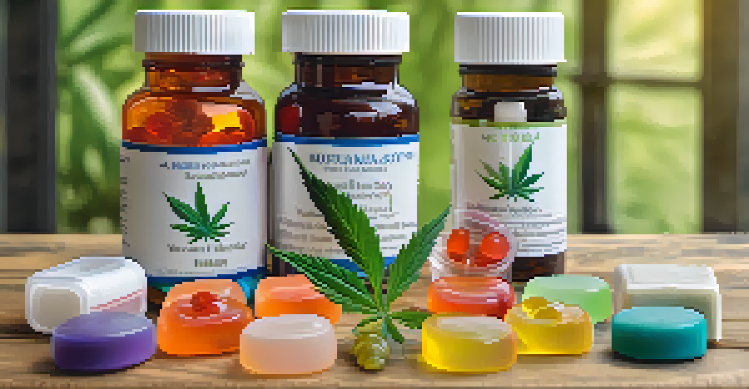 A selection of marijuana products including gummies, topical cream, and capsules on a wooden table.