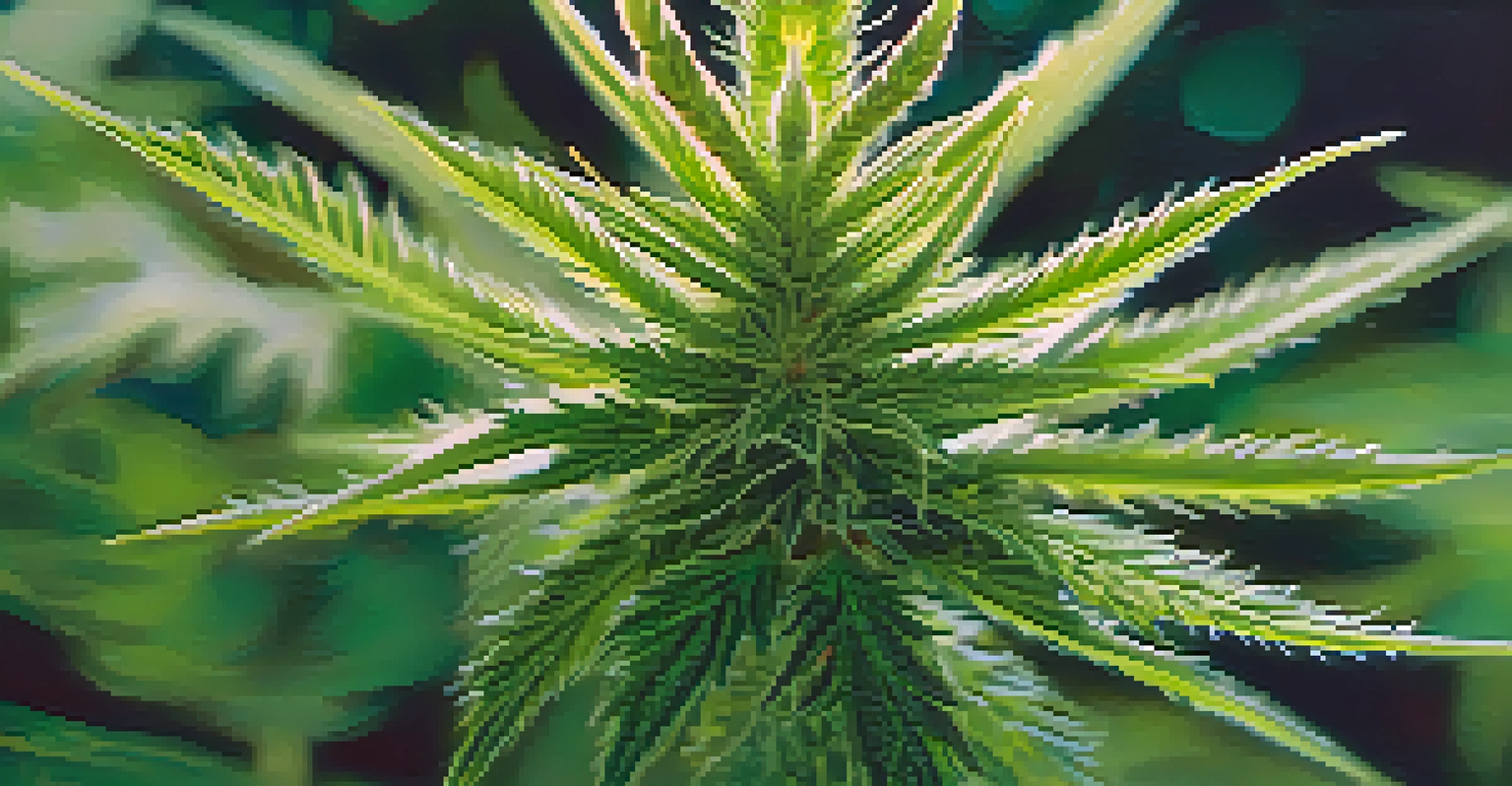 A close-up view of a cannabis plant with green leaves and glistening buds.
