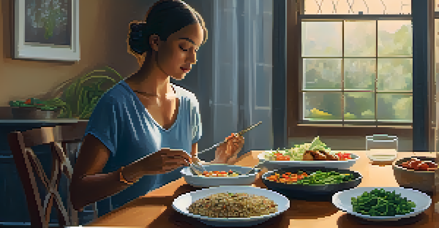 A person enjoying a mindful meal at a dining table with grilled chicken, quinoa, and vegetables in a serene setting.