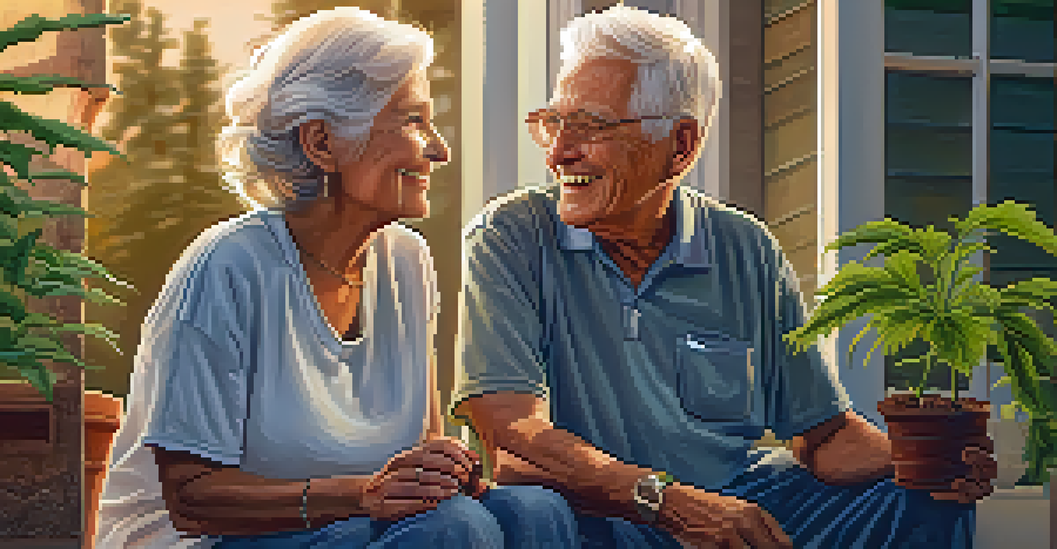 An elderly couple on a porch at sunset, talking and smiling with a potted cannabis plant next to them.