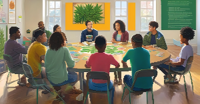 A group of parents and youth discussing marijuana education in a bright and welcoming workshop environment.