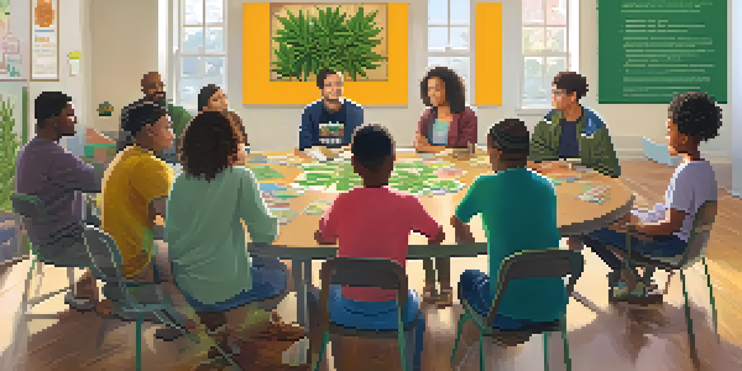 A group of parents and youth discussing marijuana education in a bright and welcoming workshop environment.