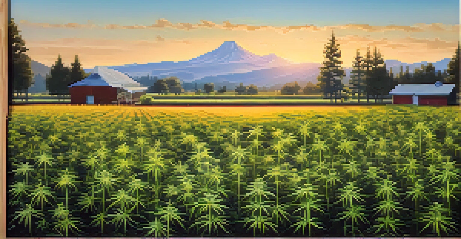 A peaceful cannabis farm at sunrise with rows of green plants and a welcoming sign in a beautiful landscape.