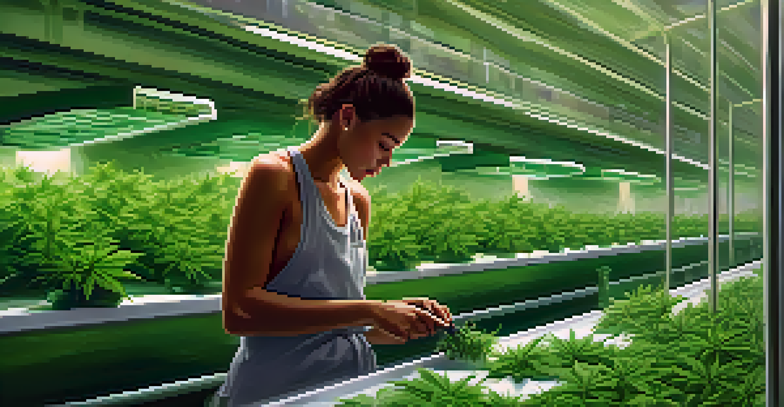 A person harvesting marijuana plants in a hydroponic setup with equipment and jars in the background.
