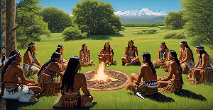 Native American individuals gathered around a fire in a green valley, sharing stories and performing rituals under a clear blue sky.