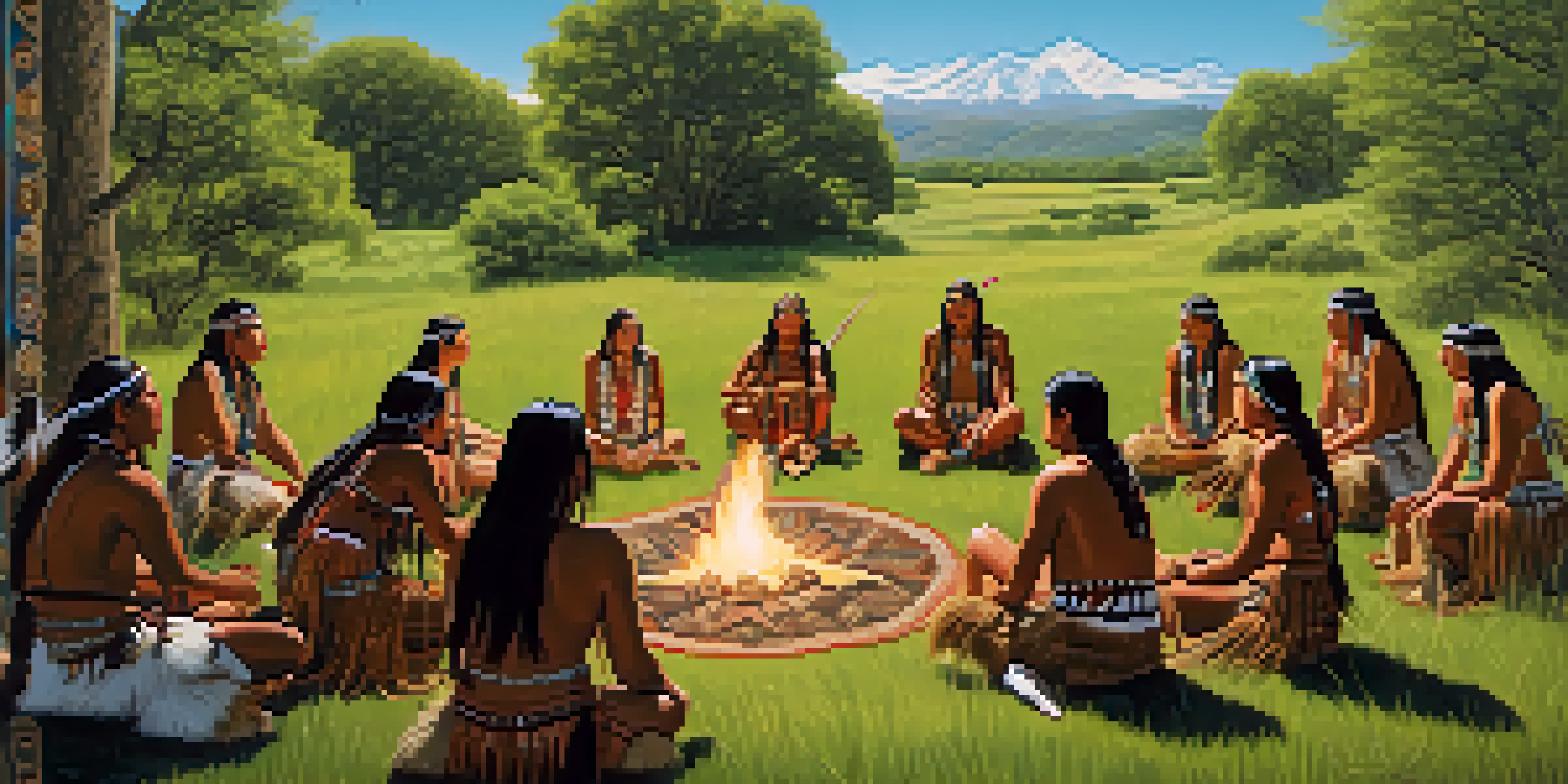 Native American individuals gathered around a fire in a green valley, sharing stories and performing rituals under a clear blue sky.