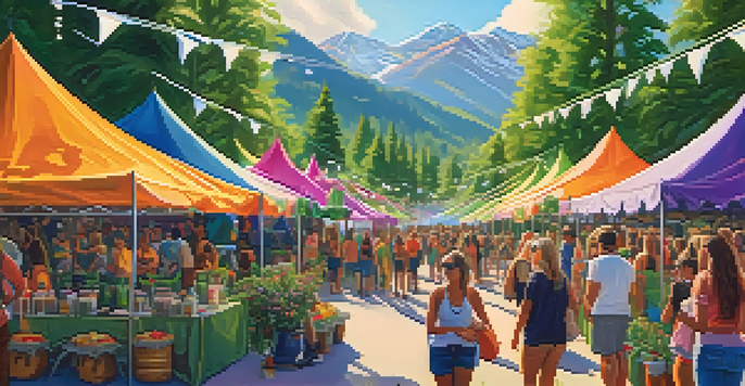 A lively cannabis festival with colorful tents and smiling attendees in a lush green outdoor setting, with mountains visible in the background.