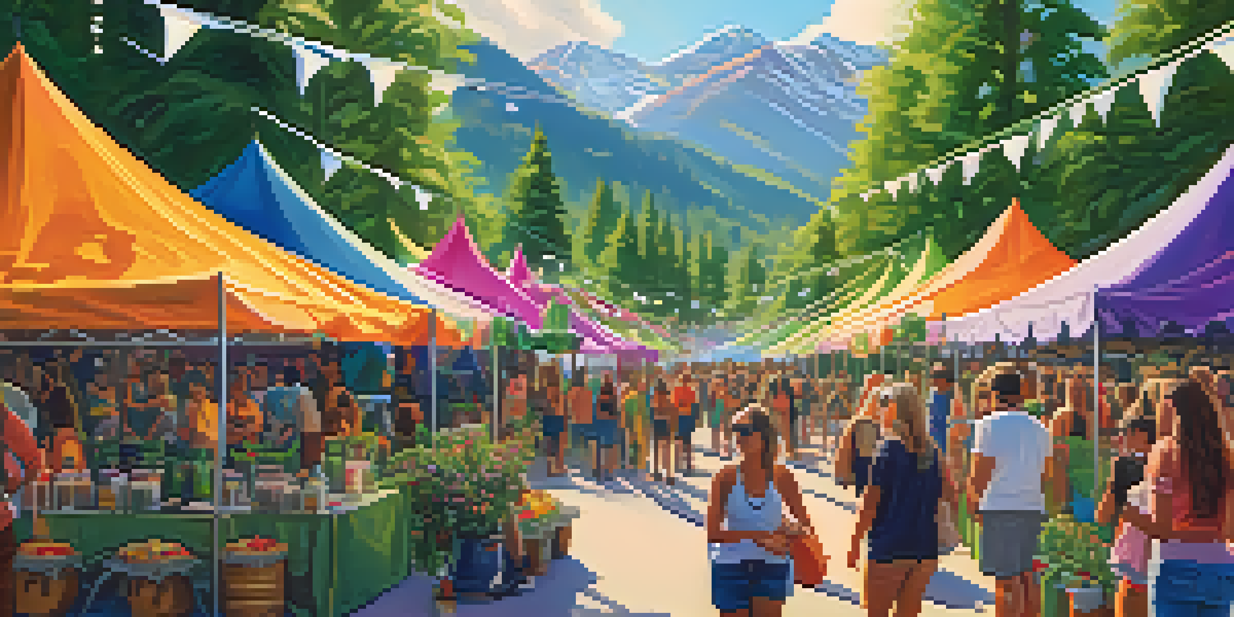 A lively cannabis festival with colorful tents and smiling attendees in a lush green outdoor setting, with mountains visible in the background.