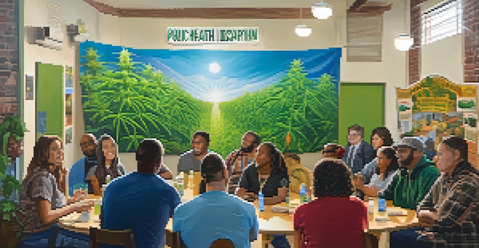 A community forum with diverse individuals discussing public health and marijuana dispensaries, featuring banners and educational posters.