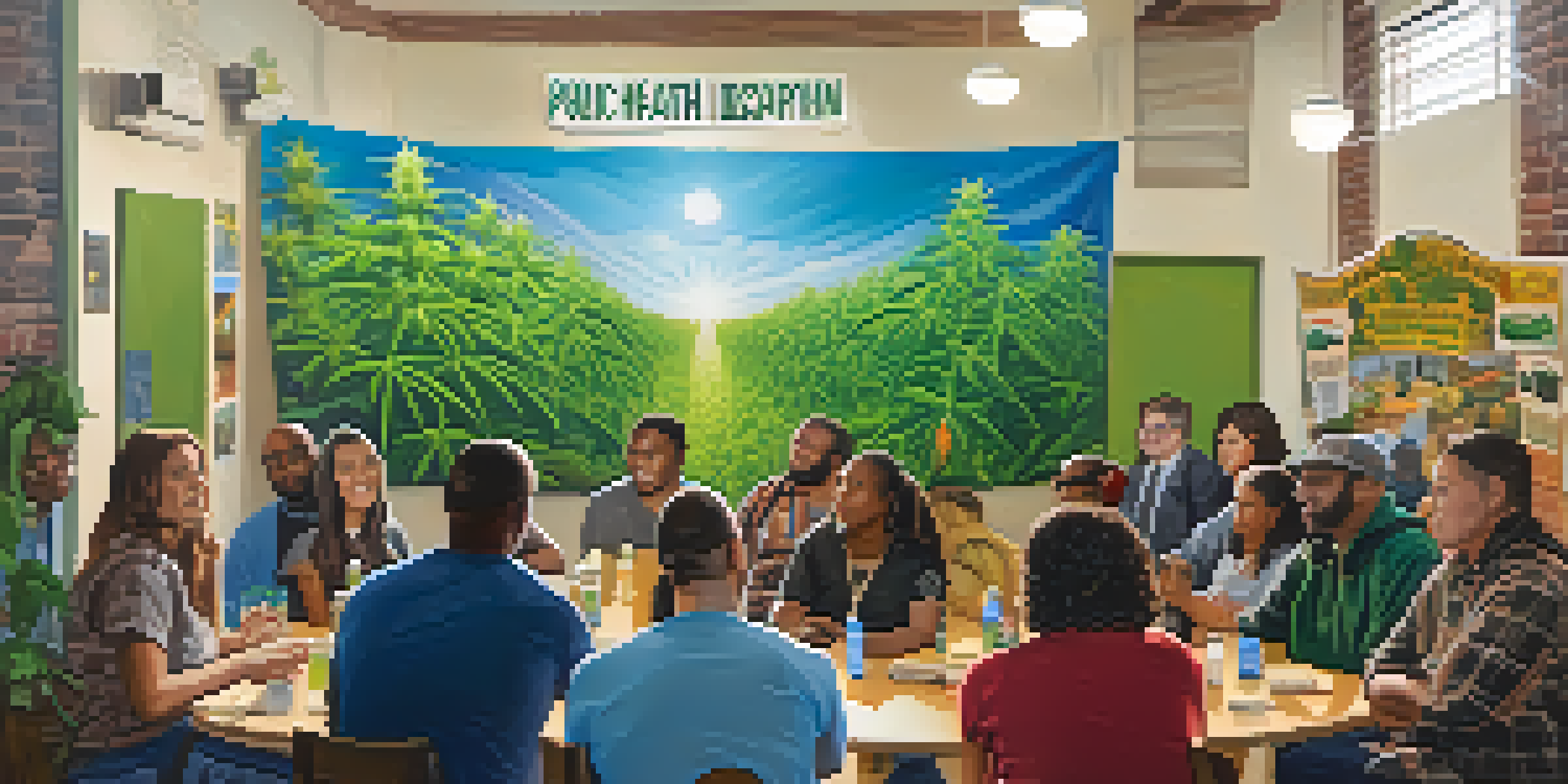 A community forum with diverse individuals discussing public health and marijuana dispensaries, featuring banners and educational posters.
