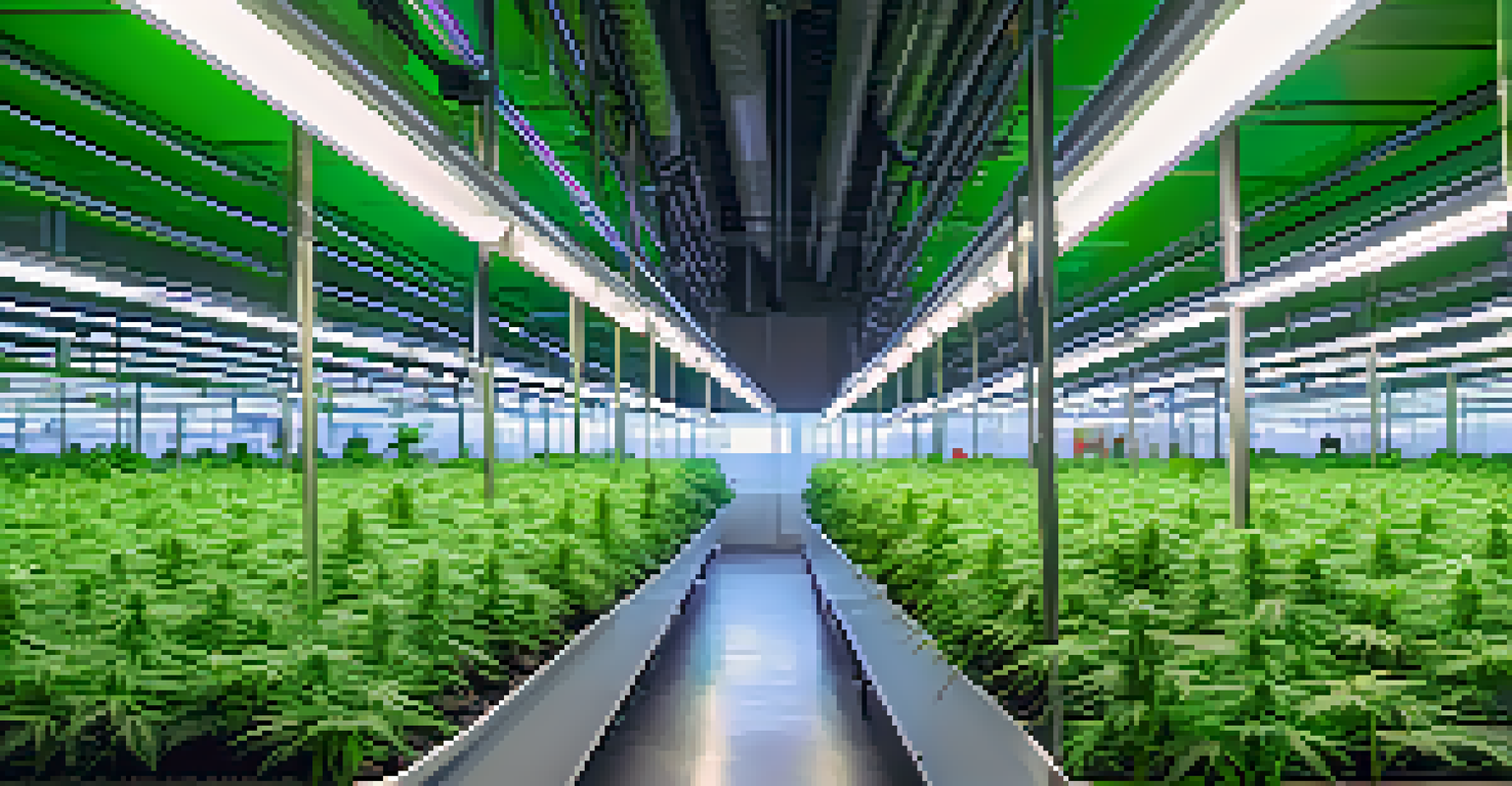 A well-organized cannabis cultivation facility with rows of healthy plants illuminated by grow lights, emphasizing sustainability.