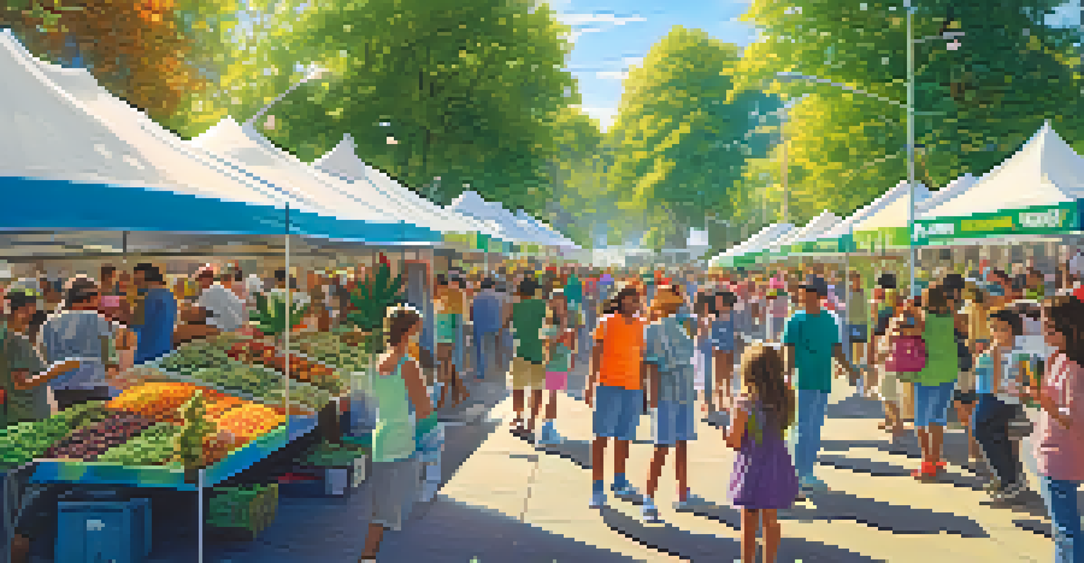 A bustling outdoor market showcasing the economic benefits of marijuana dispensaries with vendors and families enjoying the event.