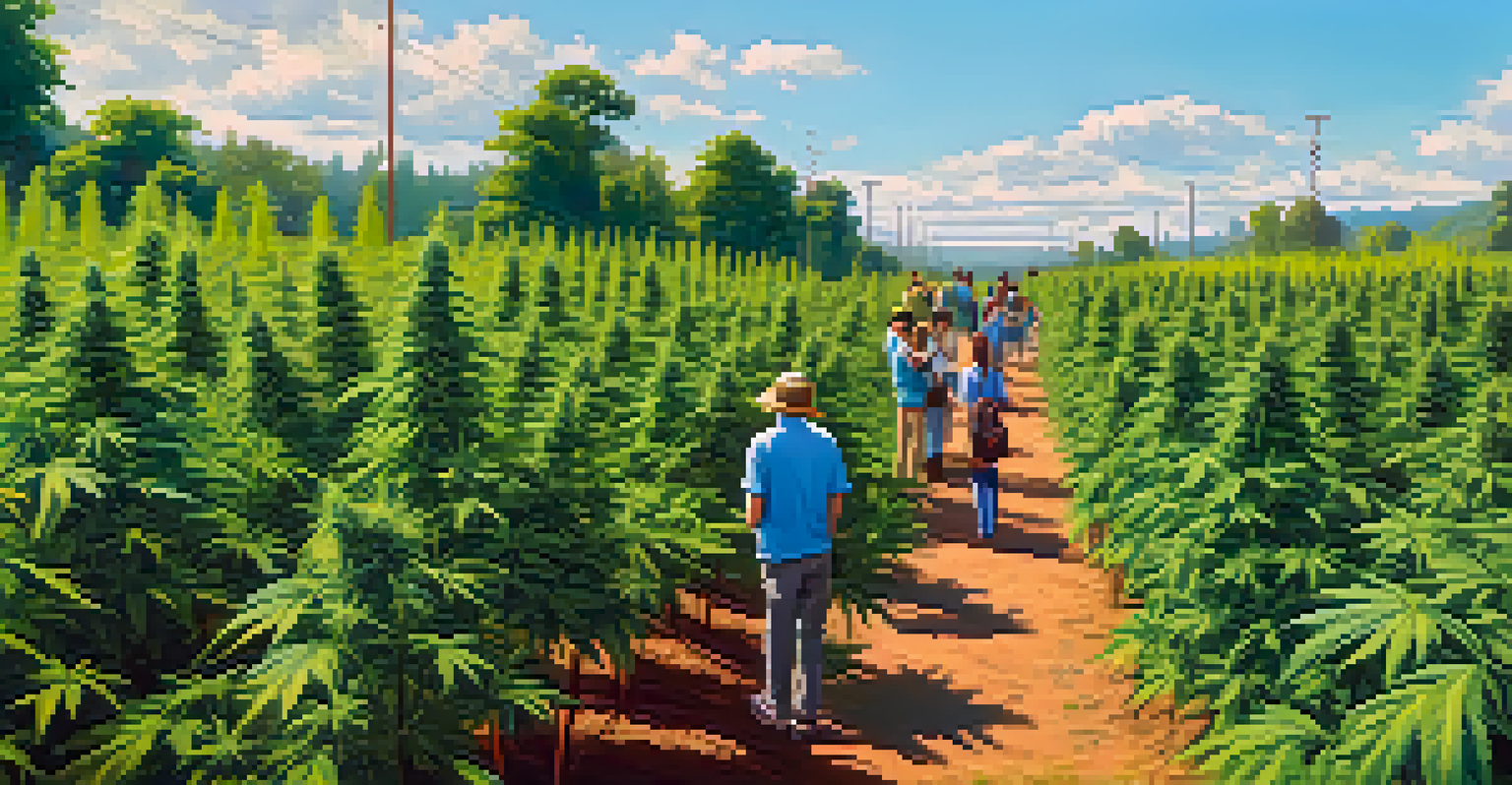 Tourists enjoying a guided tour of a cannabis farm, surrounded by healthy cannabis plants and a bright sky.