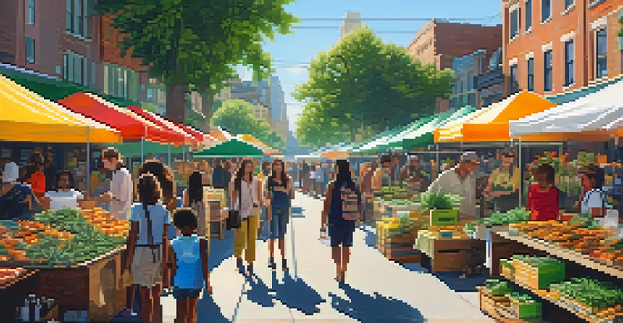 A bustling street market filled with diverse people interacting with cannabis products and colorful stalls under bright sunlight.